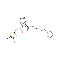 Cc1nc(NC(=O)[C@@H]2[C@@H]3C=C[C@H]([C@H]2C(=O)NCCCCN2CCCC2)C32CC2)sc1C ZINC000168496198