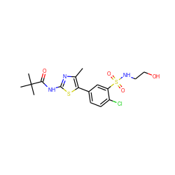 Cc1nc(NC(=O)C(C)(C)C)sc1-c1ccc(Cl)c(S(=O)(=O)NCCO)c1 ZINC000653722909