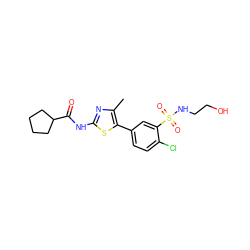 Cc1nc(NC(=O)C2CCCC2)sc1-c1ccc(Cl)c(S(=O)(=O)NCCO)c1 ZINC000653724592