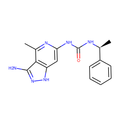 Cc1nc(NC(=O)N[C@@H](C)c2ccccc2)cc2[nH]nc(N)c12 ZINC001772575925