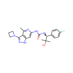 Cc1nc(NC(=O)N[C@@H](c2ccc(F)cc2)C(C)(C)O)cc2[nH]nc(N3CCC3)c12 ZINC001772637791