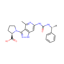 Cc1nc(NC(=O)N[C@H](C)c2ccccc2)cc2[nH]nc(N3CCC[C@@H]3C(=O)O)c12 ZINC001772610973