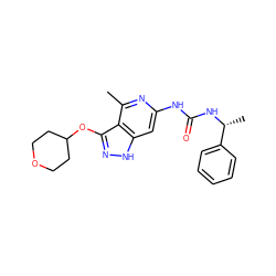 Cc1nc(NC(=O)N[C@H](C)c2ccccc2)cc2[nH]nc(OC3CCOCC3)c12 ZINC001772592964