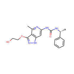 Cc1nc(NC(=O)N[C@H](C)c2ccccc2)cc2[nH]nc(OCCO)c12 ZINC001772584881