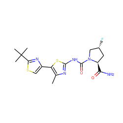 Cc1nc(NC(=O)N2C[C@H](F)C[C@H]2C(N)=O)sc1-c1csc(C(C)(C)C)n1 ZINC000139997766