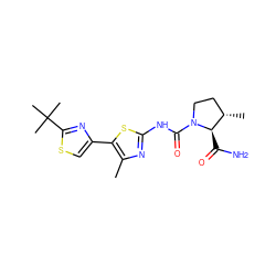 Cc1nc(NC(=O)N2CC[C@H](C)[C@H]2C(N)=O)sc1-c1csc(C(C)(C)C)n1 ZINC000043206650