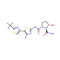 Cc1nc(NC(=O)N2CC[C@H](O)[C@H]2C(N)=O)sc1-c1csc(C(C)(C)C)n1 ZINC000095616944