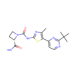 Cc1nc(NC(=O)N2CC[C@H]2C(N)=O)sc1-c1ccnc(C(C)(C)C)n1 ZINC000096272379