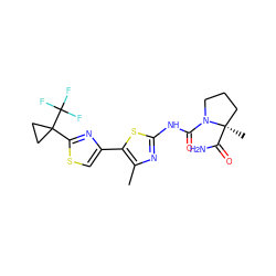 Cc1nc(NC(=O)N2CCC[C@@]2(C)C(N)=O)sc1-c1csc(C2(C(F)(F)F)CC2)n1 ZINC000140025145