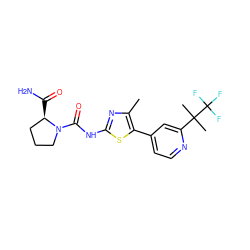 Cc1nc(NC(=O)N2CCC[C@H]2C(N)=O)sc1-c1ccnc(C(C)(C)C(F)(F)F)c1 ZINC000068198368