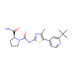 Cc1nc(NC(=O)N2CCC[C@H]2C(N)=O)sc1-c1ccnc(C(C)(C)C)c1 ZINC000096272370