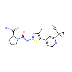 Cc1nc(NC(=O)N2CCC[C@H]2C(N)=O)sc1-c1ccnc(C2(C#N)CC2)c1 ZINC000096272378