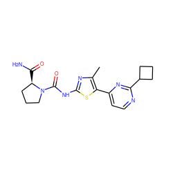 Cc1nc(NC(=O)N2CCC[C@H]2C(N)=O)sc1-c1ccnc(C2CCC2)n1 ZINC000096272376