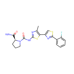 Cc1nc(NC(=O)N2CCC[C@H]2C(N)=O)sc1-c1csc(-c2ccccc2F)n1 ZINC000140017242