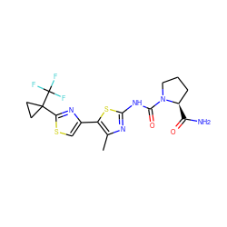 Cc1nc(NC(=O)N2CCC[C@H]2C(N)=O)sc1-c1csc(C2(C(F)(F)F)CC2)n1 ZINC000140033109