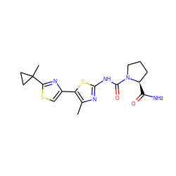 Cc1nc(NC(=O)N2CCC[C@H]2C(N)=O)sc1-c1csc(C2(C)CC2)n1 ZINC000043206648