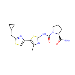 Cc1nc(NC(=O)N2CCC[C@H]2C(N)=O)sc1-c1csc(CC2CC2)n1 ZINC000140033597