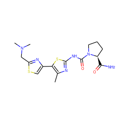 Cc1nc(NC(=O)N2CCC[C@H]2C(N)=O)sc1-c1csc(CN(C)C)n1 ZINC000140033267