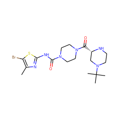 Cc1nc(NC(=O)N2CCN(C(=O)[C@H]3CN(C(C)(C)C)CCN3)CC2)sc1Br ZINC000142653475