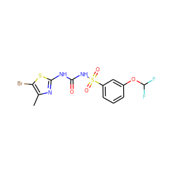 Cc1nc(NC(=O)NS(=O)(=O)c2cccc(OC(F)F)c2)sc1Br ZINC000045336018