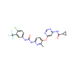 Cc1nc(NC(=O)Nc2ccc(Cl)c(C(F)(F)F)c2)ccc1Oc1cc(NC(=O)C2CC2)ncn1 ZINC001772637562