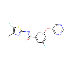 Cc1nc(NC(=O)c2cc(F)cc(Oc3cncnc3)c2)sc1F ZINC000096939178