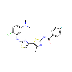 Cc1nc(NC(=O)c2ccc(F)cc2)sc1-c1csc(Nc2cc(N(C)C)ccc2Cl)n1 ZINC000073197559