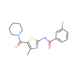 Cc1nc(NC(=O)c2cccc(Cl)c2)sc1C(=O)N1CCCCC1 ZINC000001379124