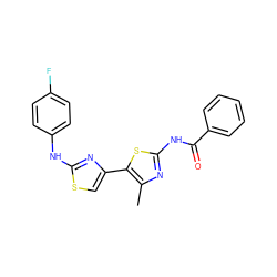 Cc1nc(NC(=O)c2ccccc2)sc1-c1csc(Nc2ccc(F)cc2)n1 ZINC000008672340