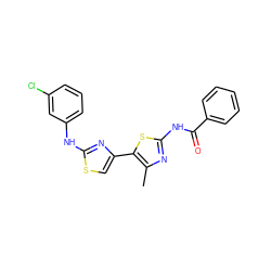 Cc1nc(NC(=O)c2ccccc2)sc1-c1csc(Nc2cccc(Cl)c2)n1 ZINC000001065895