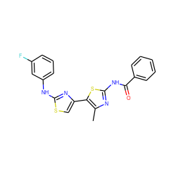 Cc1nc(NC(=O)c2ccccc2)sc1-c1csc(Nc2cccc(F)c2)n1 ZINC000008672331