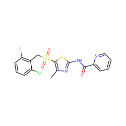 Cc1nc(NC(=O)c2ccccn2)sc1S(=O)(=O)Cc1c(F)cccc1Cl ZINC000198924805