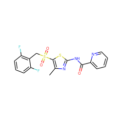 Cc1nc(NC(=O)c2ccccn2)sc1S(=O)(=O)Cc1c(F)cccc1F ZINC000198915611