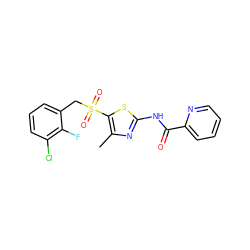 Cc1nc(NC(=O)c2ccccn2)sc1S(=O)(=O)Cc1cccc(Cl)c1F ZINC000198924786