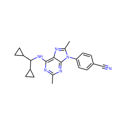 Cc1nc(NC(C2CC2)C2CC2)c2nc(C)n(-c3ccc(C#N)cc3)c2n1 ZINC000072123345