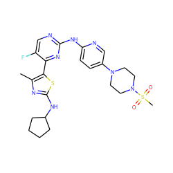 Cc1nc(NC2CCCC2)sc1-c1nc(Nc2ccc(N3CCN(S(C)(=O)=O)CC3)cn2)ncc1F ZINC001772649941