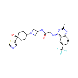 Cc1nc(NCC(=O)NC2CN([C@H]3CC[C@@](O)(c4cncs4)CC3)C2)c2cc(C(F)(F)F)ccc2n1 ZINC000101657600