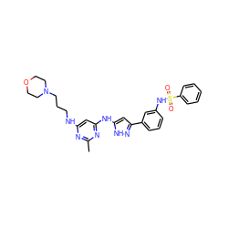 Cc1nc(NCCCN2CCOCC2)cc(Nc2cc(-c3cccc(NS(=O)(=O)c4ccccc4)c3)n[nH]2)n1 ZINC000072176081