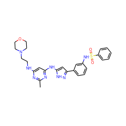 Cc1nc(NCCN2CCOCC2)cc(Nc2cc(-c3cccc(NS(=O)(=O)c4ccccc4)c3)n[nH]2)n1 ZINC000072176069