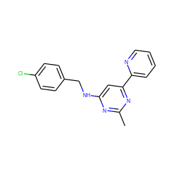 Cc1nc(NCc2ccc(Cl)cc2)cc(-c2ccccn2)n1 ZINC000001503772