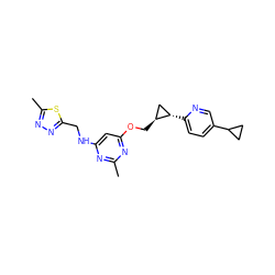 Cc1nc(NCc2nnc(C)s2)cc(OC[C@H]2C[C@@H]2c2ccc(C3CC3)cn2)n1 ZINC000205895324