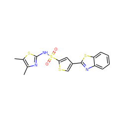 Cc1nc(NS(=O)(=O)c2cc(-c3nc4ccccc4s3)cs2)sc1C ZINC000035878888