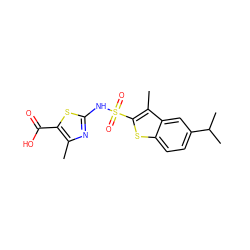 Cc1nc(NS(=O)(=O)c2sc3ccc(C(C)C)cc3c2C)sc1C(=O)O ZINC000114604777