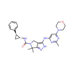 Cc1nc(Nc2[nH]nc3c2CN(C(=O)N[C@@H]2C[C@H]2c2ccccc2)C3(C)C)cc(N2CCOCC2)n1 ZINC000169694381