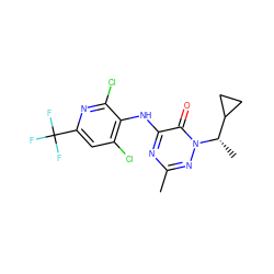 Cc1nc(Nc2c(Cl)cc(C(F)(F)F)nc2Cl)c(=O)n([C@@H](C)C2CC2)n1 ZINC000049035826