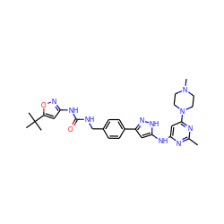 Cc1nc(Nc2cc(-c3ccc(CNC(=O)Nc4cc(C(C)(C)C)on4)cc3)n[nH]2)cc(N2CCN(C)CC2)n1 ZINC000096270646