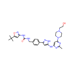 Cc1nc(Nc2cc(-c3ccc(CNC(=O)Nc4cc(C(C)(C)C)on4)cc3)n[nH]2)cc(N2CCN(CCO)CC2)n1 ZINC000096270644