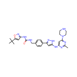 Cc1nc(Nc2cc(-c3ccc(CNC(=O)Nc4cc(C(C)(C)C)on4)cc3)n[nH]2)cc(N2CCNCC2)n1 ZINC000096270643