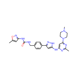 Cc1nc(Nc2cc(-c3ccc(CNC(=O)Nc4cc(C)on4)cc3)n[nH]2)cc(N2CCN(C)CC2)n1 ZINC000096270647