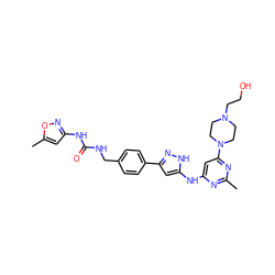 Cc1nc(Nc2cc(-c3ccc(CNC(=O)Nc4cc(C)on4)cc3)n[nH]2)cc(N2CCN(CCO)CC2)n1 ZINC000096270645